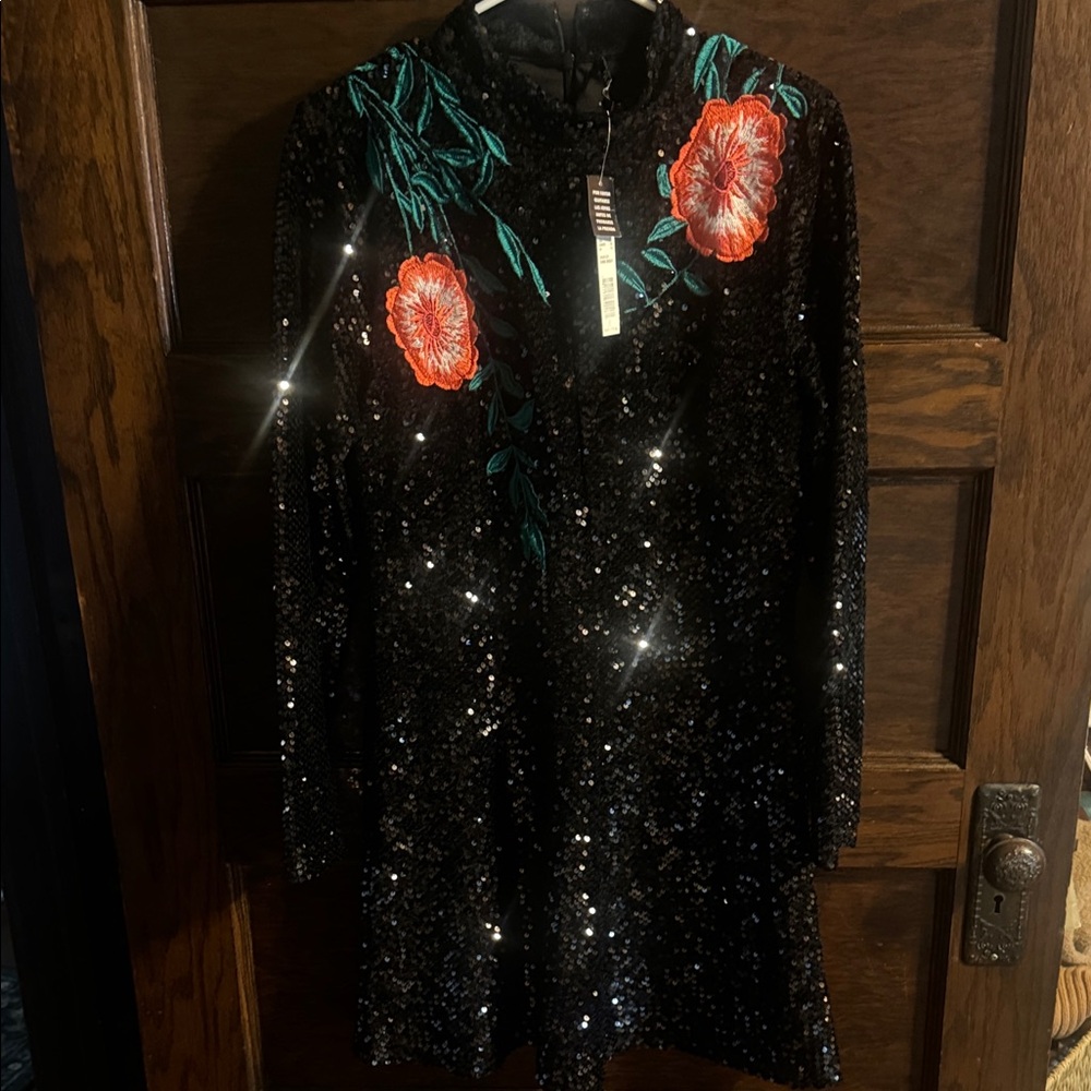 Black Sequin Floral-Embroidered Mini Dress